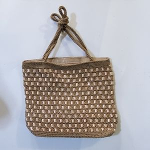 Beautiful Beige / Cream Handbag Crocheted & has Satin Ribbon Woven in.